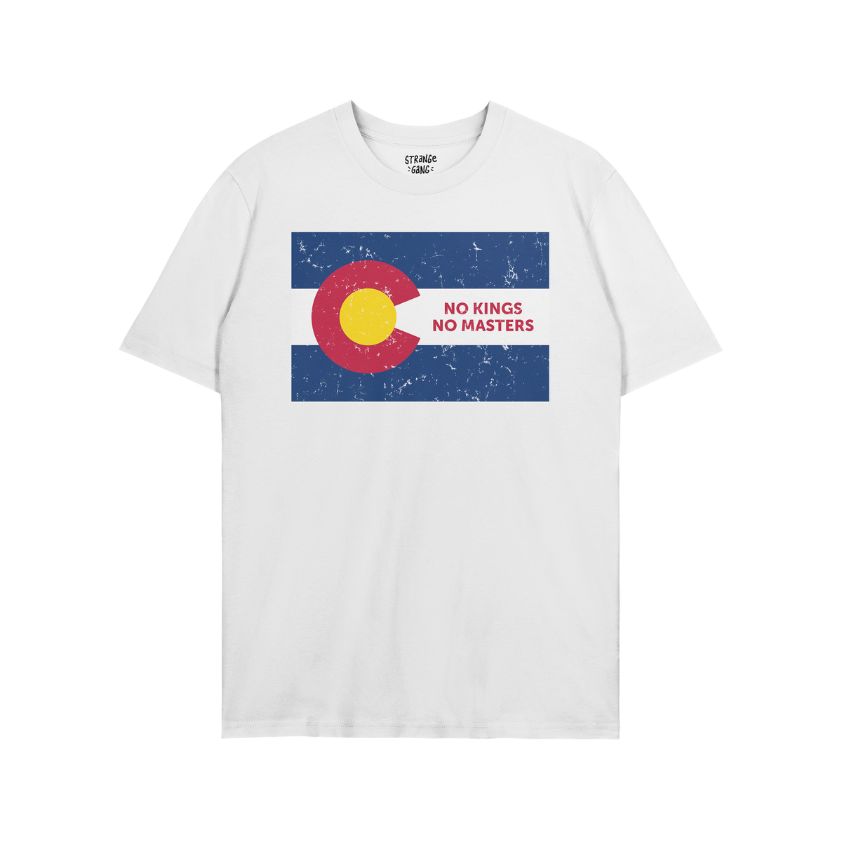 Colorado No Kings Flag Shirt features a distressed-style graphic of the Colorado flag with NO KINGS NO MASTERS inside, symbol