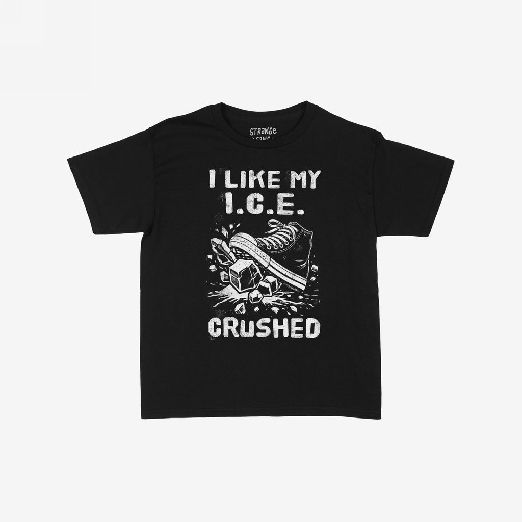 Crushed ICE Women's Baby Tee features a sneaker smashing ice cubes graphic with bold text I LIKE MY I.C.E. CRUSHED. A retro Y2K-inspired protest tee supporting anti-fascist and immigrant rights.