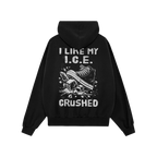Crushed ICE Hoodie showcasing a bold sneaker crushing ice cubes graphic with I LIKE MY I.C.E. CRUSHED text, embodying a stron