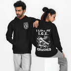 Two models in matching Crushed ICE Hoodie & Sweatshirt; front shows logo, back features sneaker crushing ice graphic with anti-ICE message.
