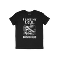 Crushed ICE T-shirt featuring a sneaker crushing ice cubes with the slogan I LIKE MY I.C.E. CRUSHED, symbolizing a bold, anti