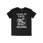 Crushed ICE T-shirt featuring a sneaker crushing ice cubes with the slogan I LIKE MY I.C.E. CRUSHED, symbolizing a bold, anti