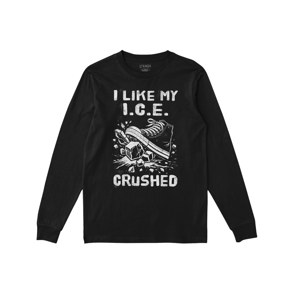 Crushed ICE T-shirt features a bold graphic of a sneaker crushing ice cubes with the slogan 'I LIKE MY I.C.E. CRUSHED', symbo