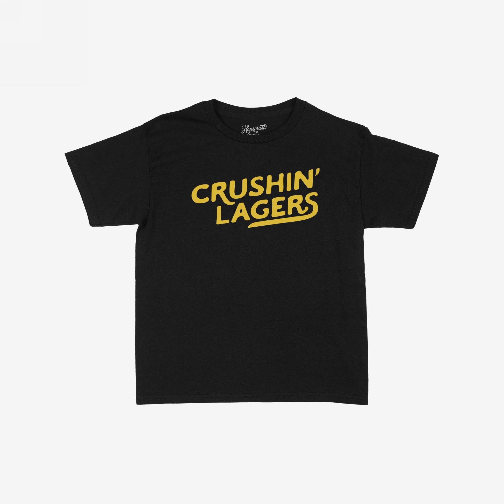 Crushin' Lagers Women's Baby Tee featuring bold yellow slogan on a plain black short-sleeve design, embodying retro varsity vibes and carefree lager energy, perfect for casual, spirited outings.