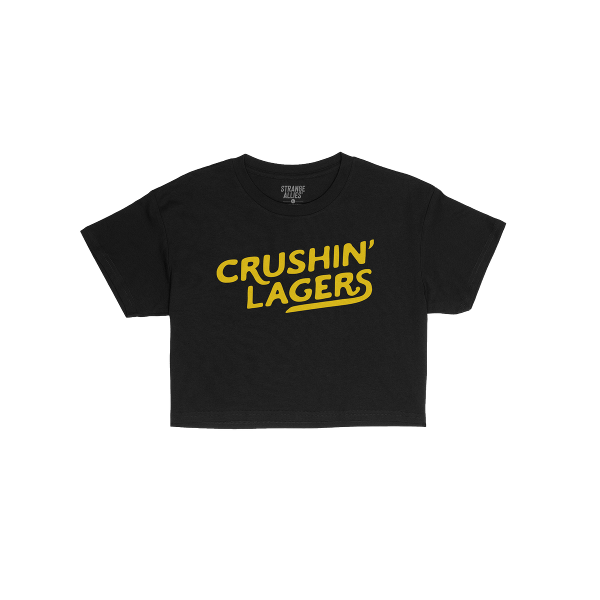 Crushin' Lagers Women's Baby Tee featuring bold yellow slogan on a plain black short-sleeve design, embodying retro varsity v