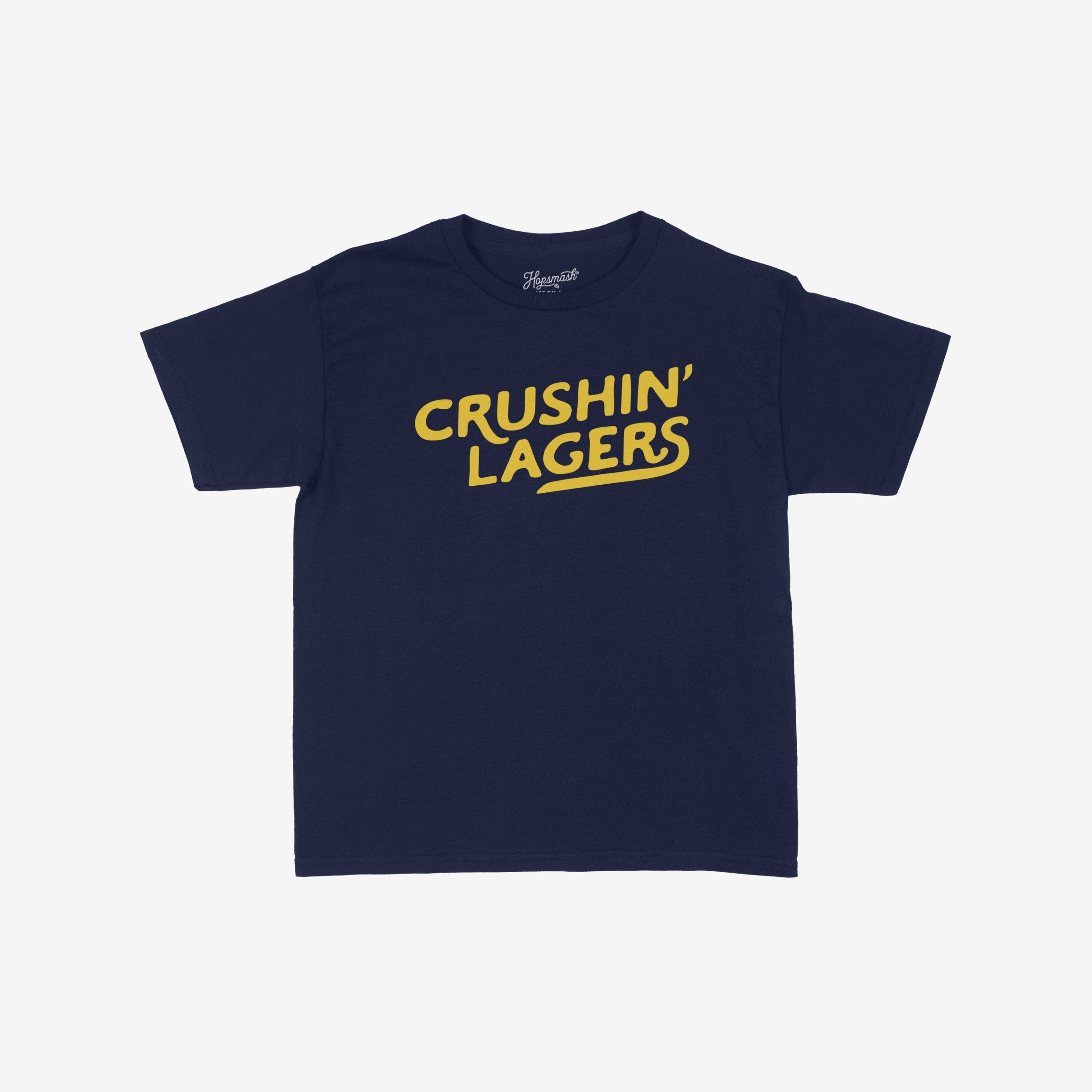 Crushin' Lagers Women's Baby Tee features bold, yellow “CRUSHIN’ LAGERS” text on a navy blue, cropped tee. Perfect for embodying carefree energy and retro varsity style.