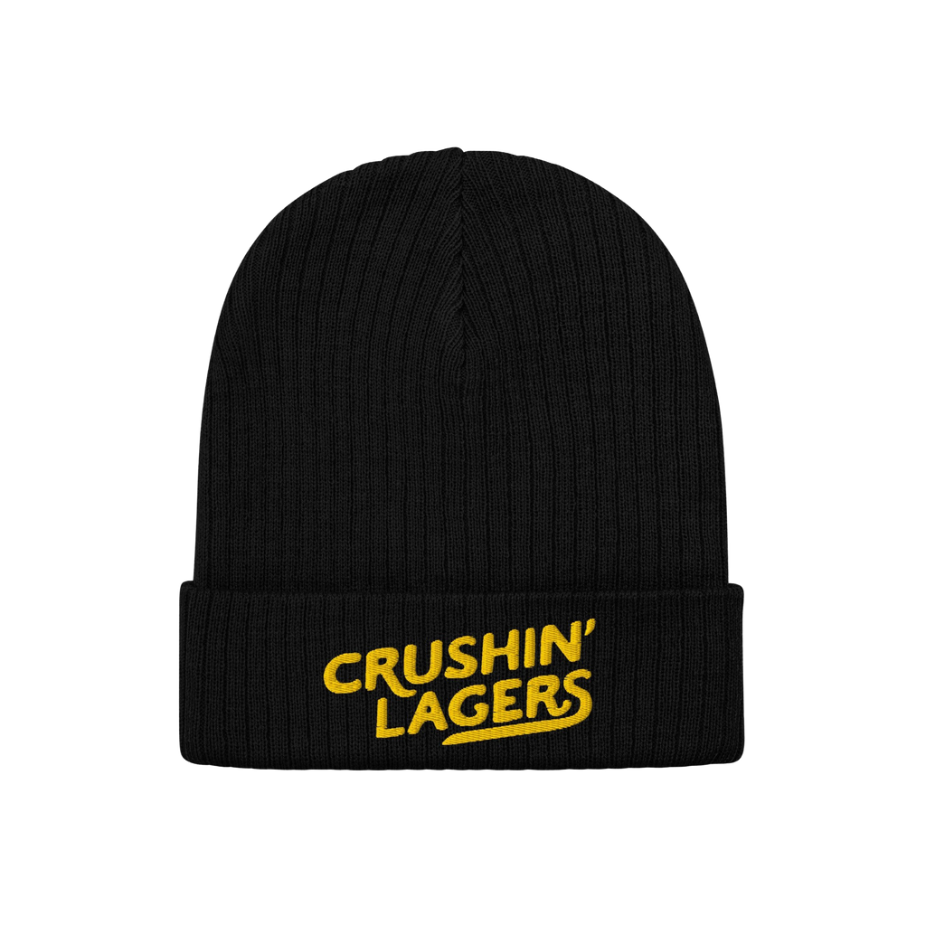 Black rib-knit beanie with CRUSHIN’ LAGERS embroidered in yellow on the cuff, celebrating lager lovers. Perfect for brewery