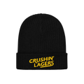 Black rib-knit beanie with CRUSHIN’ LAGERS embroidered in yellow on the cuff, celebrating lager lovers. Perfect for brewery