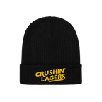 Black rib-knit beanie with CRUSHIN’ LAGERS embroidered in yellow on the cuff, celebrating lager lovers. Perfect for brewery