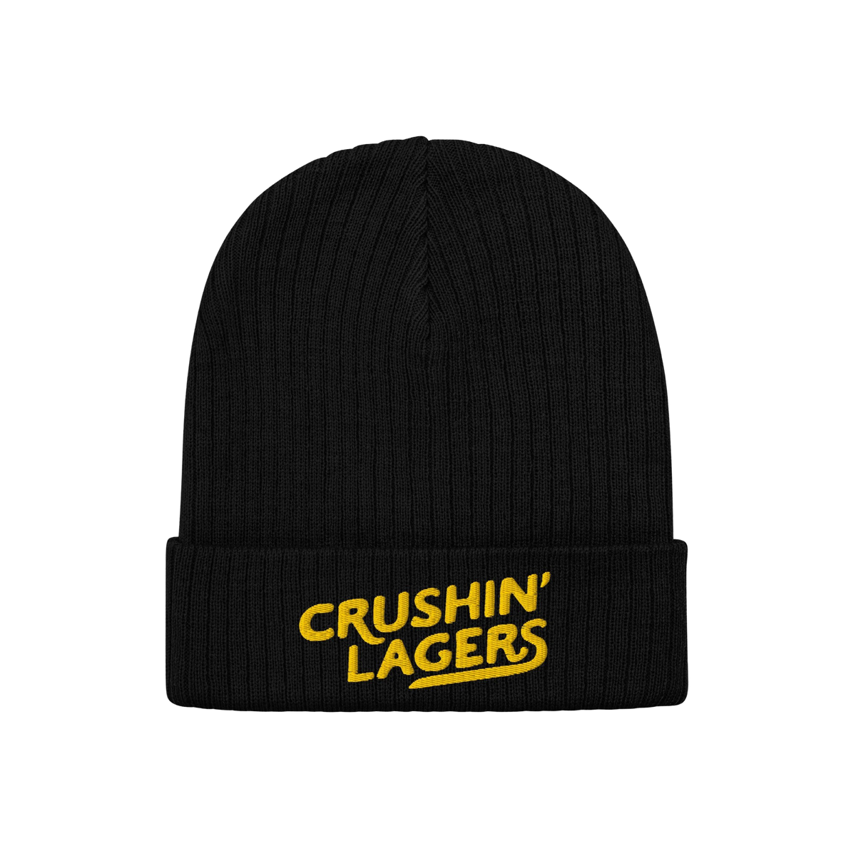 Black rib-knit beanie with CRUSHIN’ LAGERS embroidered in yellow on the cuff, celebrating lager lovers. Perfect for brewery