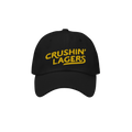 Crushin' Lagers Hat: Black unstructured baseball cap with CRUSHIN’ LAGERS in bold yellow, embracing lager culture for beer 