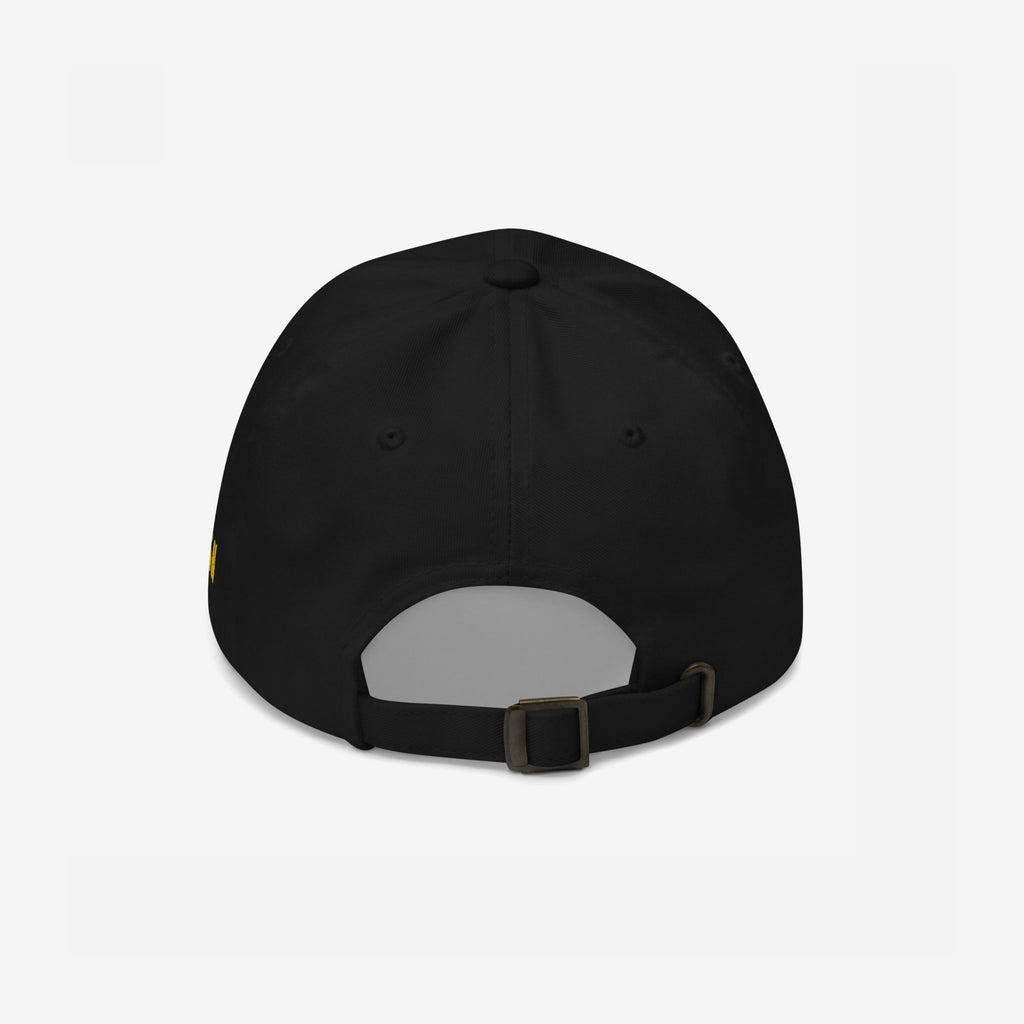 The Crushin' Lagers Hat in black showcases a rear view with adjustable fabric strap and metal slider, embodying retro style and lager-loving vibes. Ideal for casual outings.