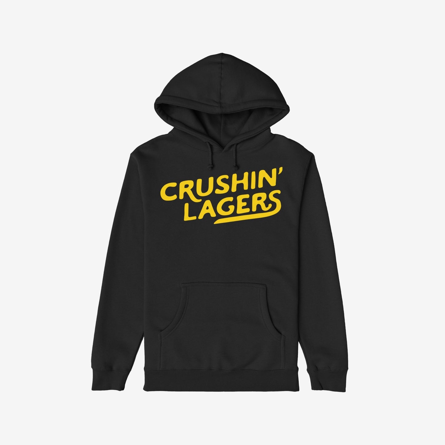 Crushin' Lagers Hoodie & Sweatshirt: Black pullover with bold yellow 'CRUSHIN’ LAGERS' text, kangaroo pocket, and drawstring hood. Perfect for embracing beer-first vibes and casual comfort.
