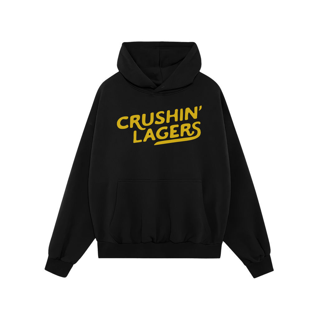 Crushin' Lagers Hoodie & Sweatshirt: Black pullover with bold yellow 'CRUSHIN’ LAGERS' text, kangaroo pocket, and drawstrin
