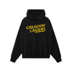 Crushin' Lagers Hoodie & Sweatshirt: Black pullover with bold yellow 'CRUSHIN’ LAGERS' text, kangaroo pocket, and drawstrin