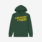 Forest-green Crushin' Lagers Hoodie with bold yellow script, featuring a kangaroo pocket and drawstring hood. Perfect for beer enthusiasts seeking comfort and warmth, embodying a bold, carefree attitude.