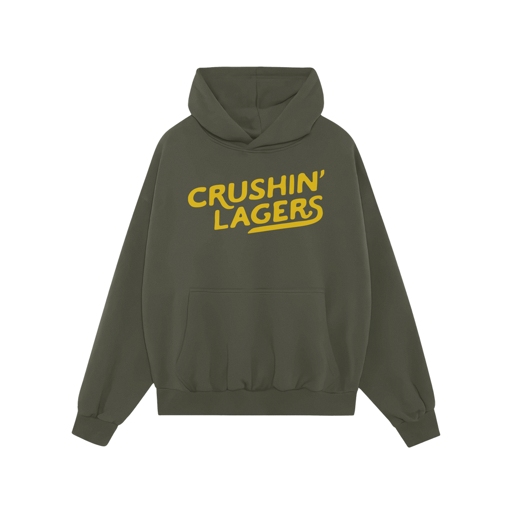 Forest-green Crushin' Lagers Hoodie with bold yellow script, featuring a kangaroo pocket and drawstring hood. Perfect for bee