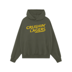 Forest-green Crushin' Lagers Hoodie with bold yellow script, featuring a kangaroo pocket and drawstring hood. Perfect for bee