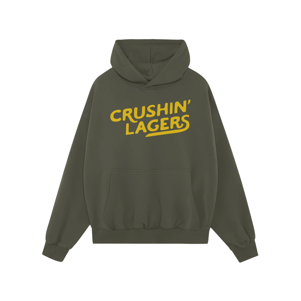 Forest-green Crushin' Lagers Hoodie with bold yellow script, featuring a kangaroo pocket and drawstring hood. Perfect for bee