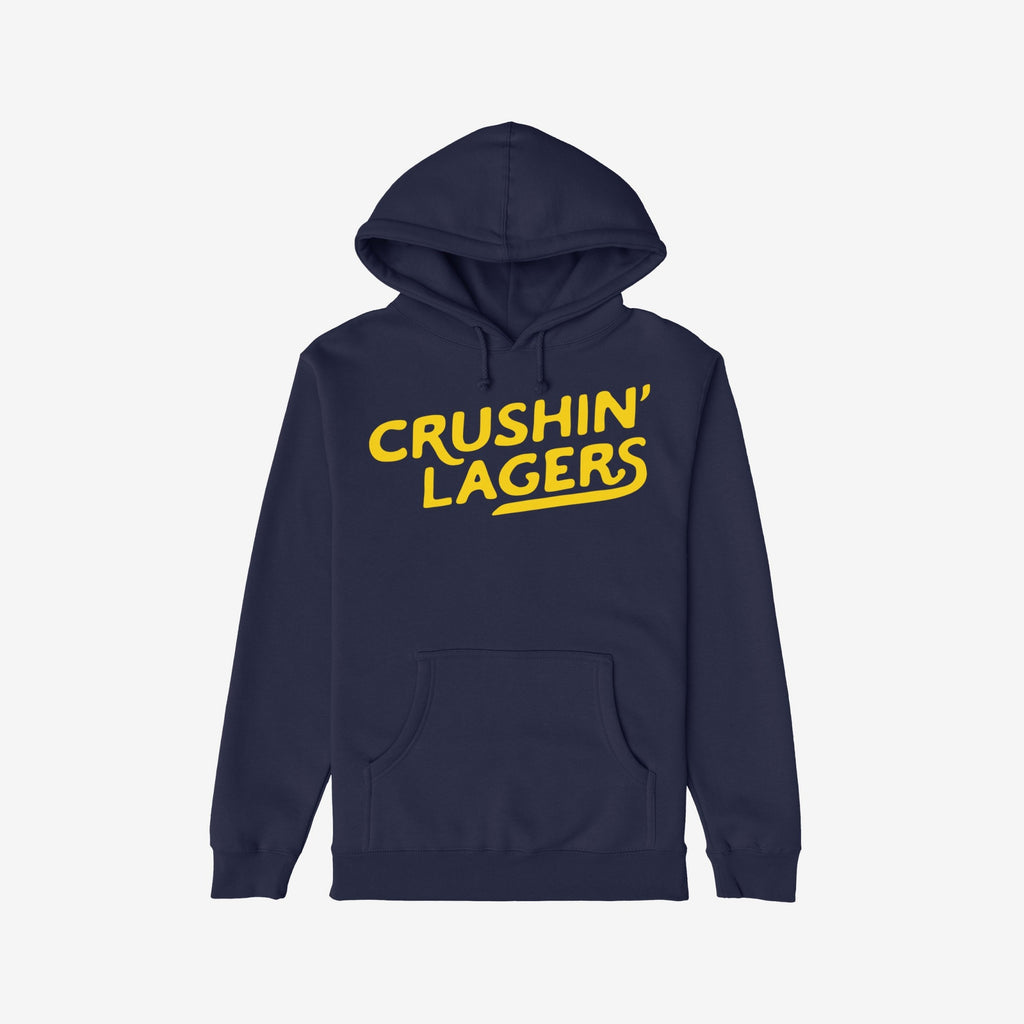 Navy-blue Crushin' Lagers hoodie with bold yellow typography, featuring a kangaroo pocket and drawstrings, designed for beer enthusiasts seeking warmth and comfort in casual, expressive style.