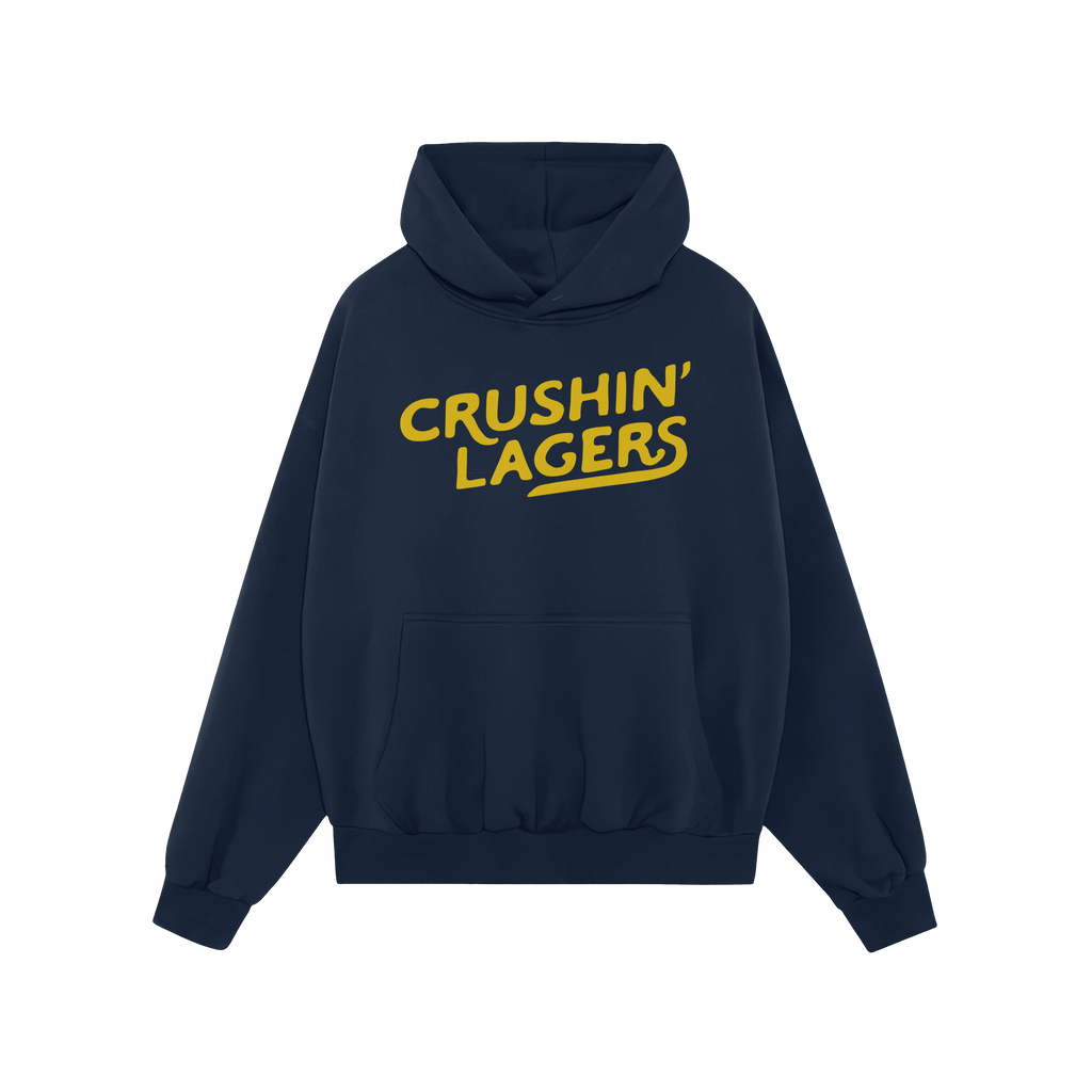 Navy-blue Crushin' Lagers hoodie with bold yellow typography, featuring a kangaroo pocket and drawstrings, designed for beer 