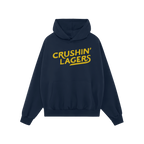 Navy-blue Crushin' Lagers hoodie with bold yellow typography, featuring a kangaroo pocket and drawstrings, designed for beer 