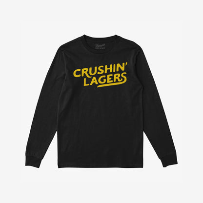 Black long-sleeve Crushin' Lagers T-shirt featuring bold yellow script on the chest, embodying a carefree, bold attitude towards life and beer, reflecting the inclusive, equality-focused ethos.