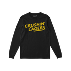 Black long-sleeve Crushin' Lagers T-shirt featuring bold yellow script on the chest, embodying a carefree, bold attitude towa