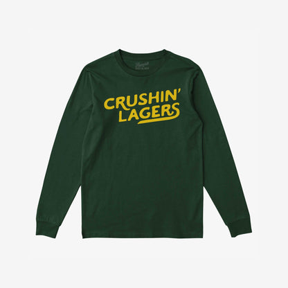Dark-green Crushin' Lagers long-sleeve T-shirt with bold yellow text, embodying a retro, carefree beer-lover attitude. Perfect for those who prioritize uncomplicated refreshment and stand for equality.