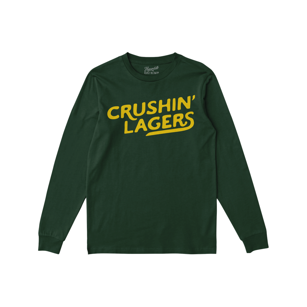 Dark-green Crushin' Lagers long-sleeve T-shirt with bold yellow text, embodying a retro, carefree beer-lover attitude. Perfec