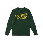 Dark-green Crushin' Lagers long-sleeve T-shirt with bold yellow text, embodying a retro, carefree beer-lover attitude. Perfec