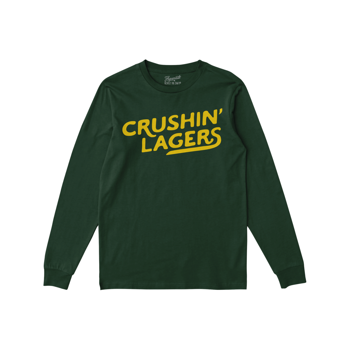 Dark-green Crushin' Lagers long-sleeve T-shirt with bold yellow text, embodying a retro, carefree beer-lover attitude. Perfec