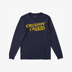 Crushin' Lagers T-shirt featuring bold yellow CRUSHIN’ LAGERS text on navy fabric, embodies a beer-lover's carefree spirit, ideal for those who prioritize crisp refreshment over complex flavors.