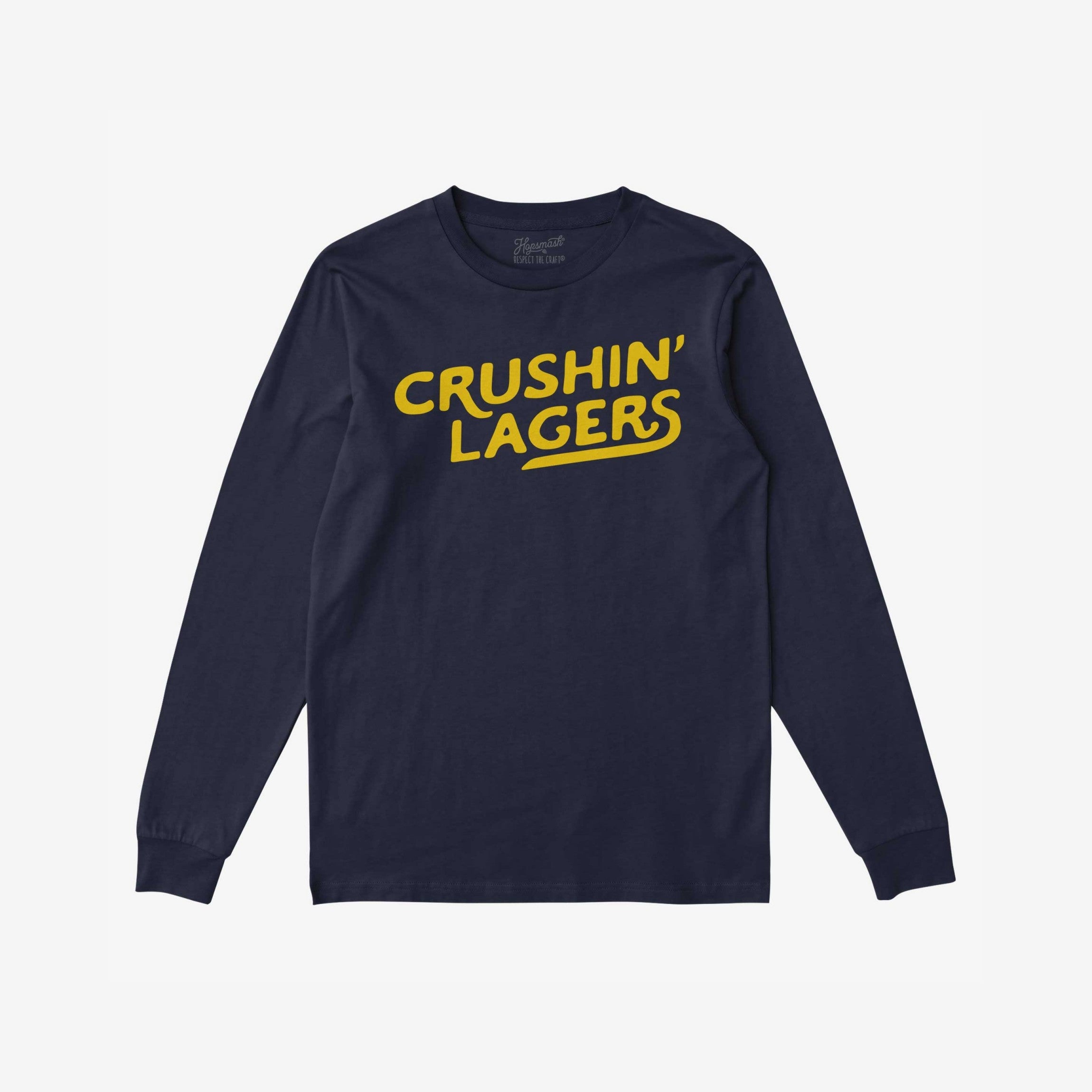 Crushin' Lagers T-shirt featuring bold yellow CRUSHIN’ LAGERS text on navy fabric, embodies a beer-lover's carefree spirit, ideal for those who prioritize crisp refreshment over complex flavors.