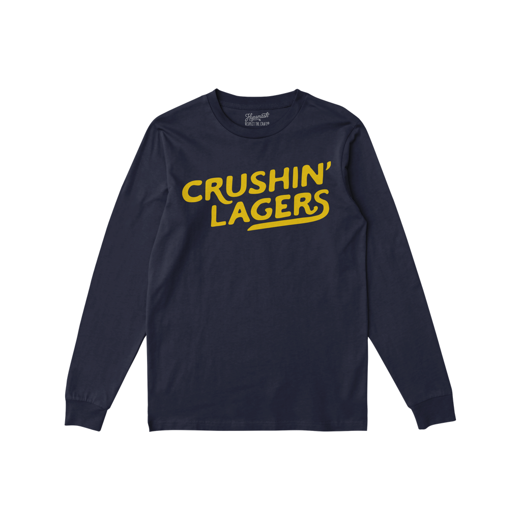 Crushin' Lagers T-shirt featuring bold yellow CRUSHIN’ LAGERS text on navy fabric, embodies a beer-lover's carefree spirit,
