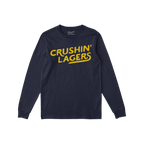 Crushin' Lagers T-shirt featuring bold yellow CRUSHIN’ LAGERS text on navy fabric, embodies a beer-lover's carefree spirit,