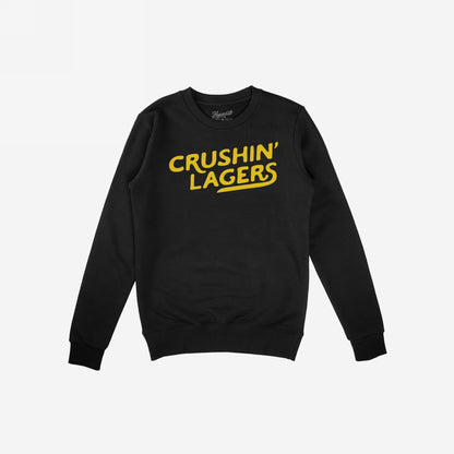 Crushin' Lagers Hoodie & Sweatshirt: A bold black crewneck with 'CRUSHIN’ LAGERS' in striking yellow, embodying a carefree, beer-loving attitude for laid-back comfort and expressive style.