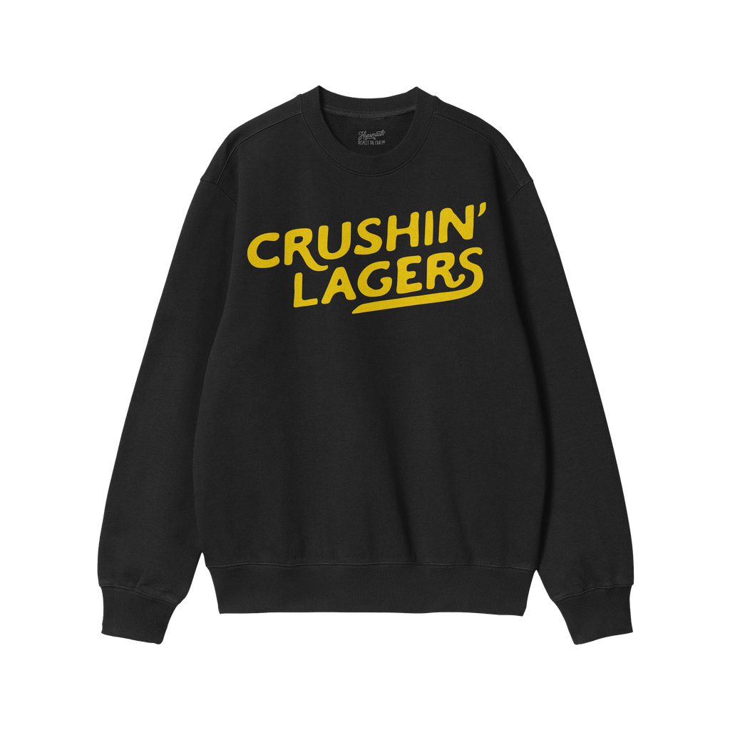 Crushin' Lagers Hoodie & Sweatshirt: A bold black crewneck with 'CRUSHIN’ LAGERS' in striking yellow, embodying a carefree,