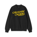 Crushin' Lagers Hoodie & Sweatshirt: A bold black crewneck with 'CRUSHIN’ LAGERS' in striking yellow, embodying a carefree,