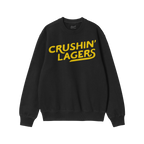 Crushin' Lagers Hoodie & Sweatshirt: A bold black crewneck with 'CRUSHIN’ LAGERS' in striking yellow, embodying a carefree,