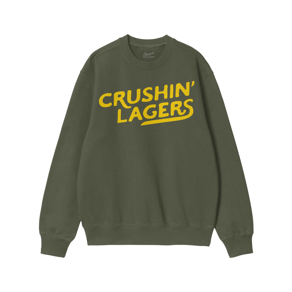 Forest-green crewneck sweatshirt with bold yellow “CRUSHIN’ LAGERS” print, embodying a rebellious, carefree attitude. P