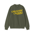 Forest-green crewneck sweatshirt with bold yellow “CRUSHIN’ LAGERS” print, embodying a rebellious, carefree attitude. P