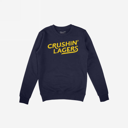 Navy-blue Crushin' Lagers Hoodie & Sweatshirt with bold yellow lettering, embodying a rebellious, pro-beer attitude. Cozy fleece design ideal for relaxed, carefree moments, perfect for bold, expressive comfort.
