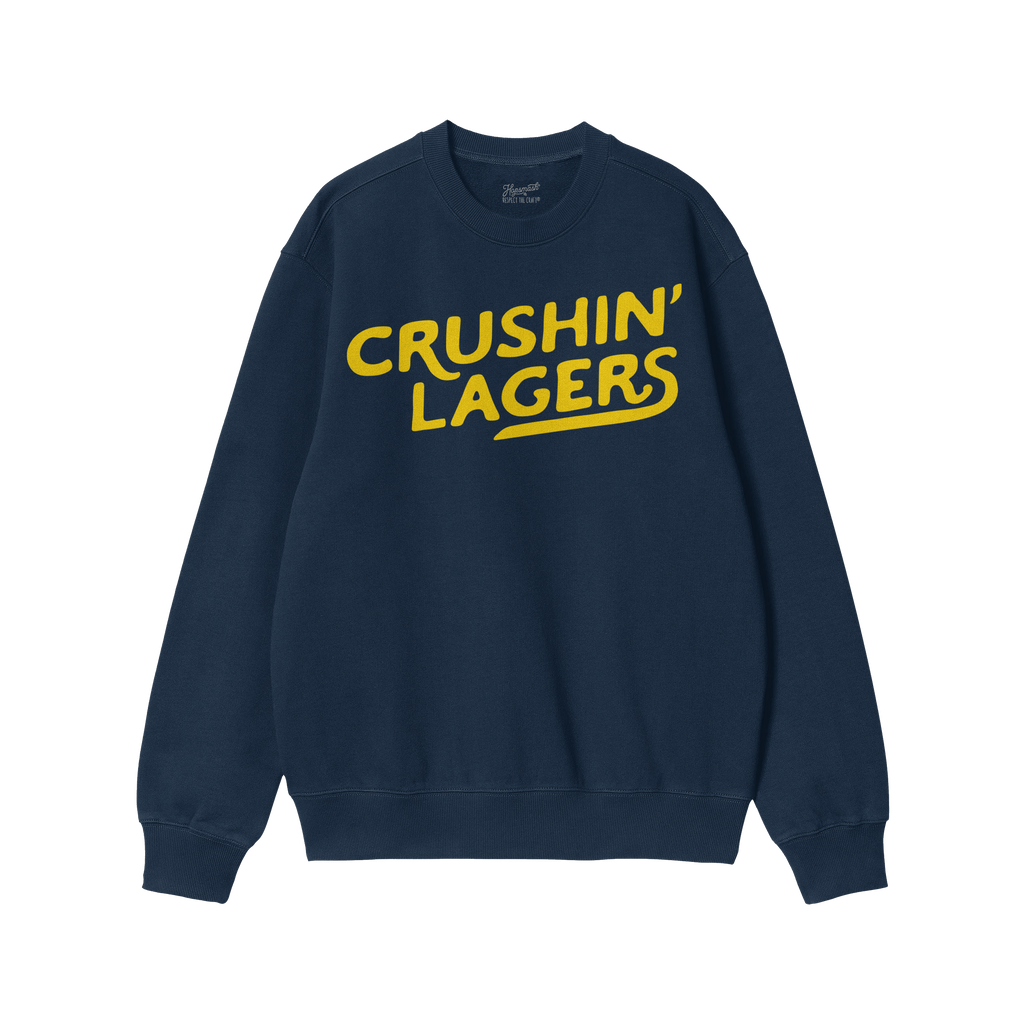 Navy-blue Crushin' Lagers Hoodie & Sweatshirt with bold yellow lettering, embodying a rebellious, pro-beer attitude. Cozy fle