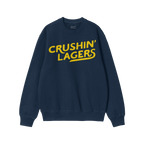 Navy-blue Crushin' Lagers Hoodie & Sweatshirt with bold yellow lettering, embodying a rebellious, pro-beer attitude. Cozy fle