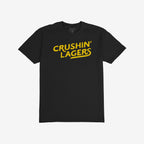 Crushin' Lagers T-shirt features bold yellow script on a black crew-neck, embodying a no-nonsense beer lover's attitude, perfect for those who celebrate simplicity and refreshment.