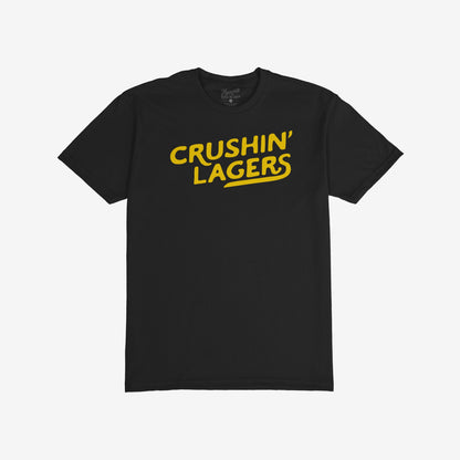 Crushin' Lagers T-shirt features bold yellow script on a black crew-neck, embodying a no-nonsense beer lover's attitude, perfect for those who celebrate simplicity and refreshment.