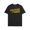 Crushin' Lagers T-shirt features bold yellow script on a black crew-neck, embodying a no-nonsense beer lover's attitude, perf