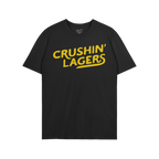 Crushin' Lagers T-shirt features bold yellow script on a black crew-neck, embodying a no-nonsense beer lover's attitude, perf