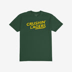Crushin' Lagers T-shirt features bold yellow text on a dark green short-sleeve tee, embodying a laid-back, anti-pretentious beer-loving vibe, perfect for champions of straightforward refreshment.
